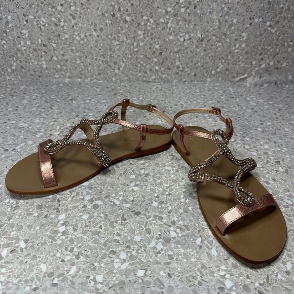Oca-Loca Valencia Sandals Metallic Rose Pink Leather Rhinestone EU 38 US 8 NWOT - Picture 3 of 11